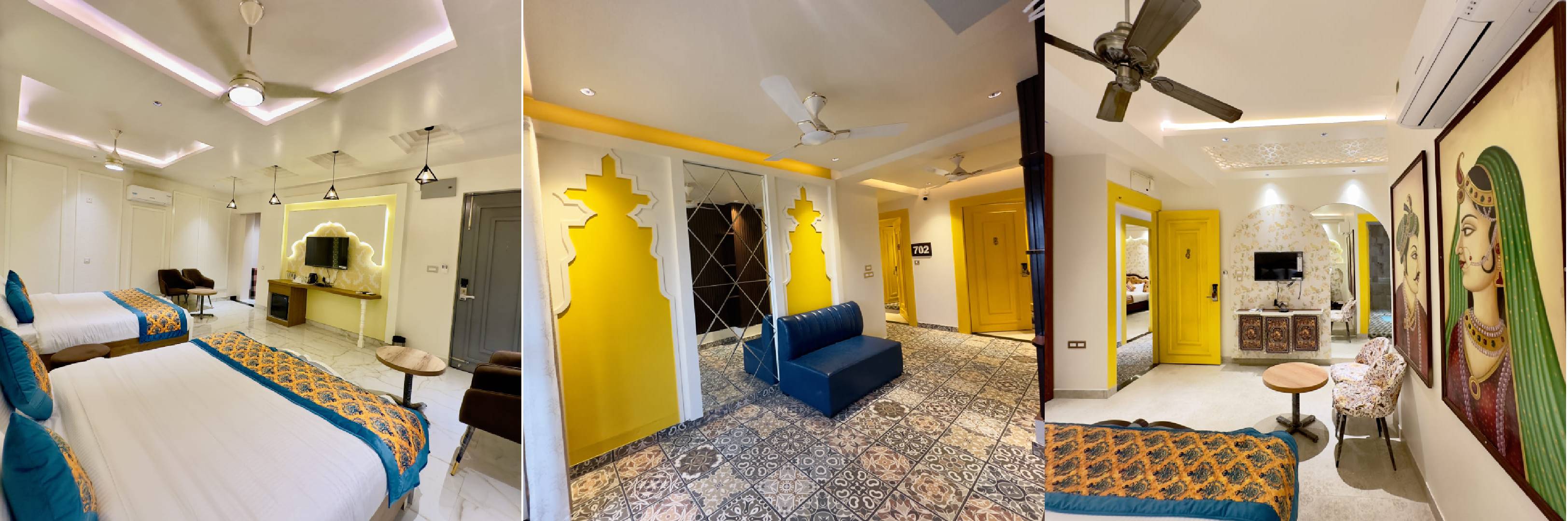 Luxury hotel room with modern amenities, comfortable king bed and elegant interior